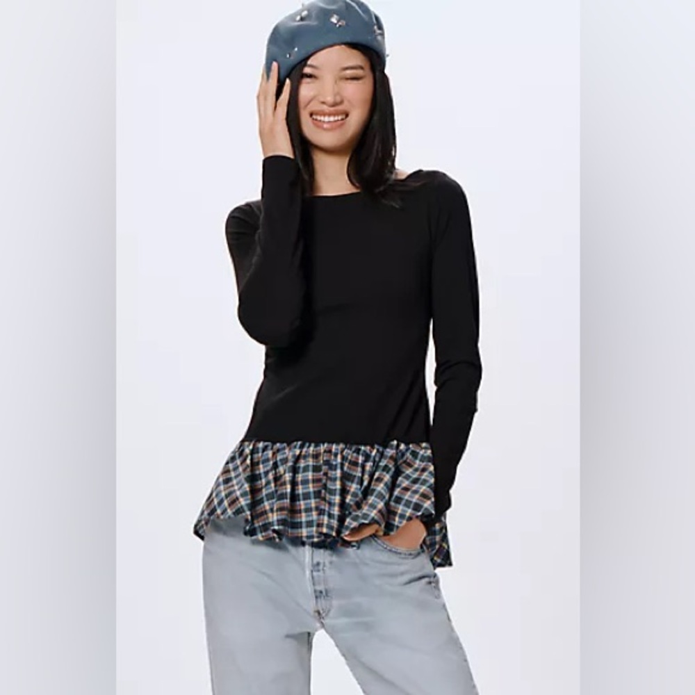NWT Anthropologie Maeve Long Sleeve Peplum Top Black Plaid Cotton Stretch Small